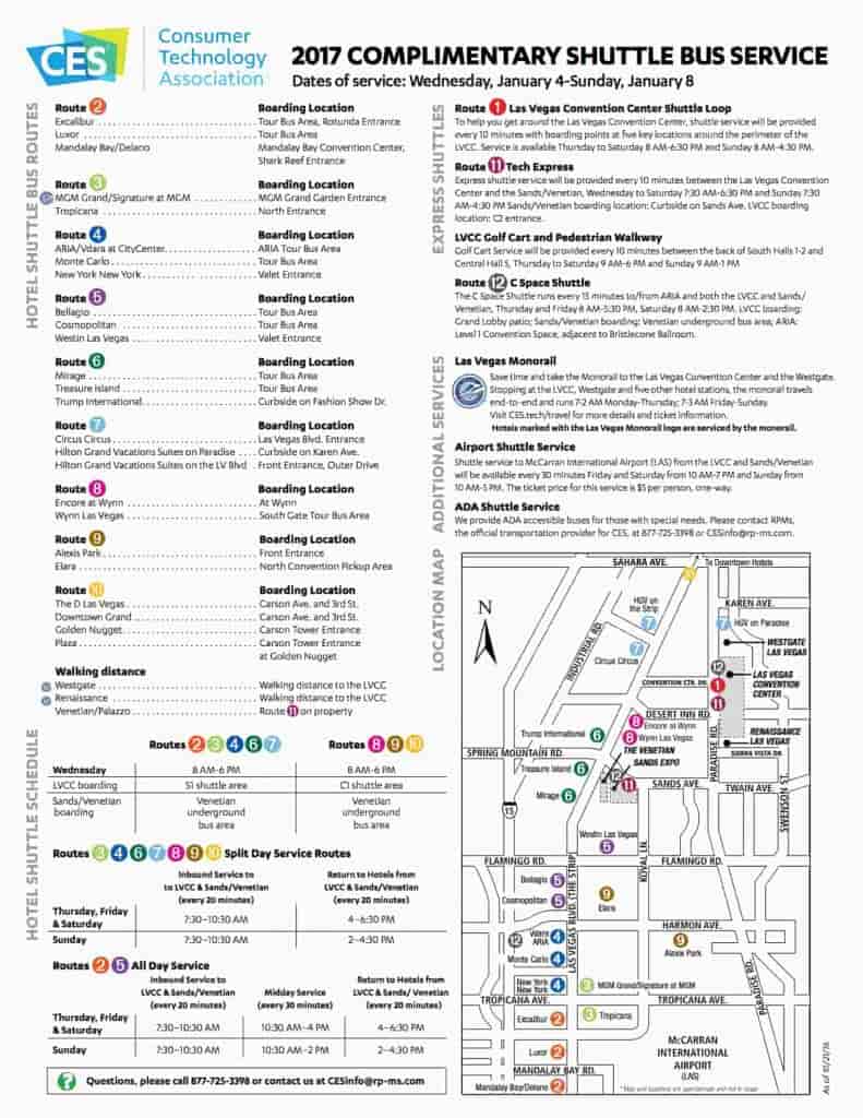 A document outlining the complimentary shuttle routes for the 2017 CES