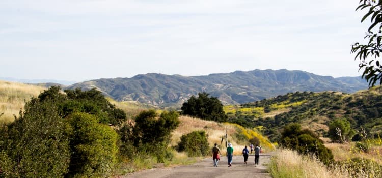 Landscape scenery in Irvine, Califronia. People are walking on a trail and in the background are mountains.