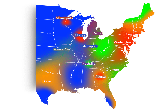 A heatmap showing demand for buses to The Women's Bus March across the country.