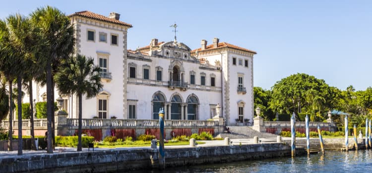 View of the Vizcaya Museum from the waterfront of Biscayne Bay.