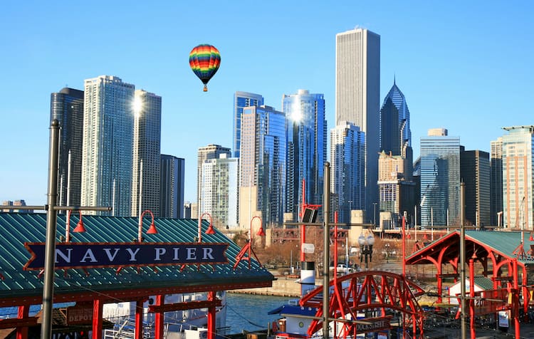 Navy Pier in front of high-rise buildings in the downtown Chicago