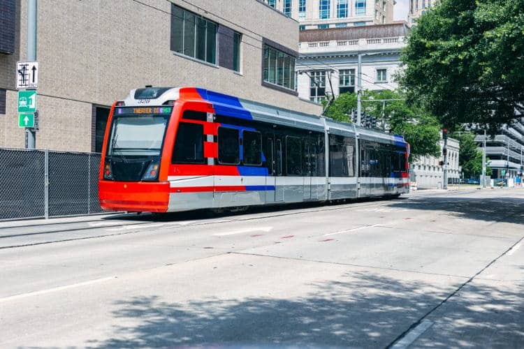 A public transit tram on the streets of Houston