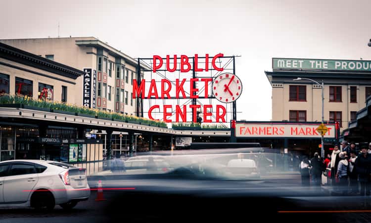 The Pike Place Public Market neon sign outside of the market