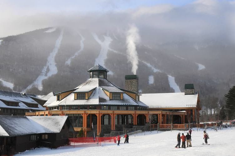 Stowe ski lodge surrounded by mountains